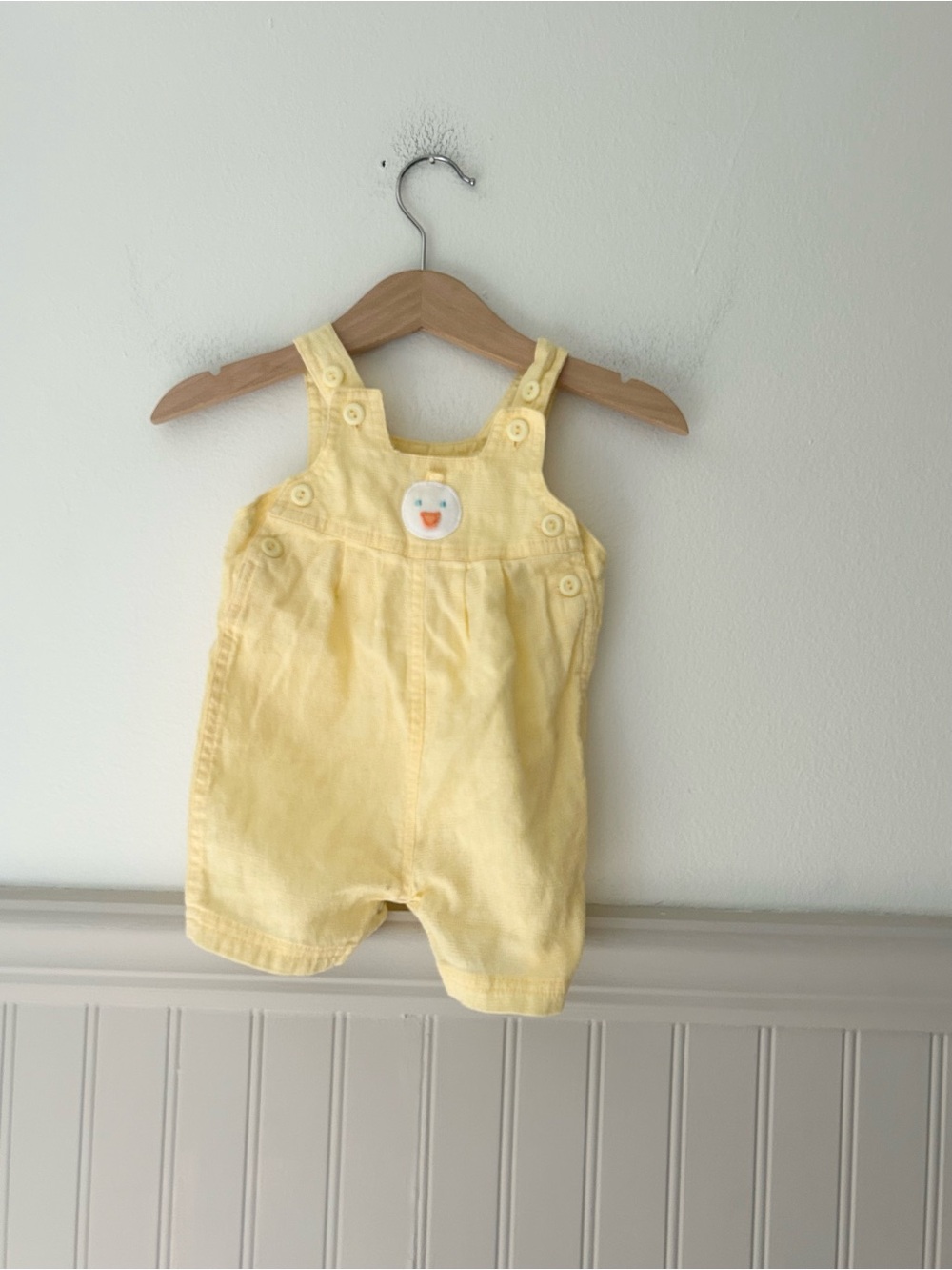 Vintage Bright Future Baby 0–3M Butter Yellow Duck Patch Short Overalls Cotton